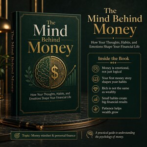 May include: A dark green hardback book titled The Mind Behind Money: How Your Thoughts, Habits, and Emotions Shape Your Financial Life. The cover features a gold coin graphic split between a brain and a dollar sign, with a list of book topics.