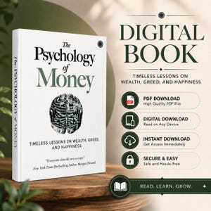 May include: A digital book titled The Psychology of Money by Morgan Housel, featuring a brain illustration on the white cover. The text includes Timeless Lessons on Wealth, Greed, and Happiness, with icons for PDF, digital, instant, and secure downloads.