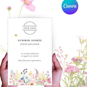 May include: A rectangular white event invitation card featuring a black circular logo placeholder, the text SUMMER SOIRÉE, EVENT LOCATION, an evening celebration to support our mission, Hosted by your organization, and a colorful floral border.
