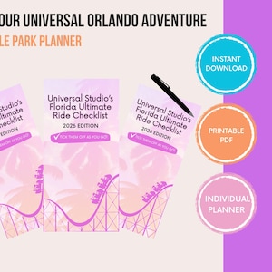 May include: A printable park planner for Universal Orlando featuring three vertical checklists titled Universal Studio's Florida Ultimate Ride Checklist 2026 Edition with a roller coaster graphic, a black pen, and three circular badges for download.