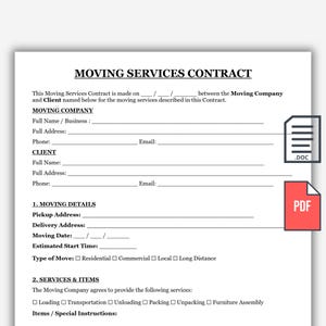 Könnte beinhalten: Ein weißes Dokument mit dem Titel Moving Services Contract mit schwarzem Text und Linien zum Ausfüllen von Informationen über das Umzugsunternehmen, den Kunden, Umzugsdetails und Dienstleistungen. Rechts sind zwei Symbole für DOC und PDF.