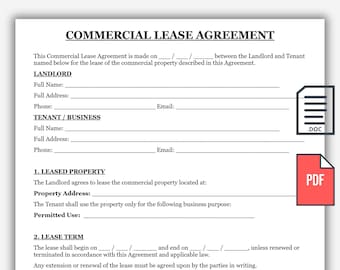 Modèle de contrat de bail commercial, formulaire de contrat immobilier commercial imprimable, contrat de location d'espace commercial (PDF)