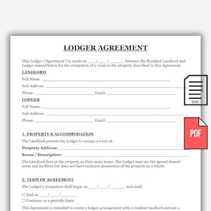 Peut inclure: Un document imprimé d'accord de locataire avec du texte noir sur fond blanc. Le formulaire comprend des sections pour les détails du propriétaire et du locataire, les informations sur la propriété et la durée, avec deux icônes DOC et PDF.