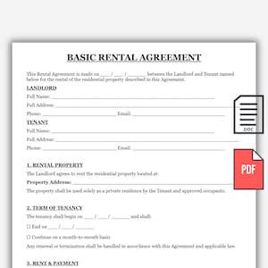 May include: A white document titled BASIC RENTAL AGREEMENT with black text, featuring blank lines for landlord and tenant information, property address, and tenancy terms, accompanied by small grey .DOC and red PDF file icons on the right side.