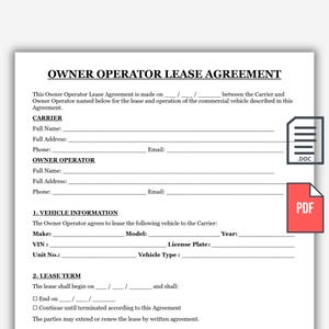 May include: A white document titled OWNER OPERATOR LEASE AGREEMENT with black text. It includes sections for CARRIER and OWNER OPERATOR contact details, VEHICLE INFORMATION such as make, model, year, VIN, and license plate, and a LEASE TERM section.