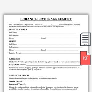 Pode incluir: Um documento branco intitulado ERRAND SERVICE AGREEMENT com texto preto. Inclui seções para detalhes de contato do prestador de serviços e do cliente, uma lista de serviços solicitados e um cronograma com linhas em branco.