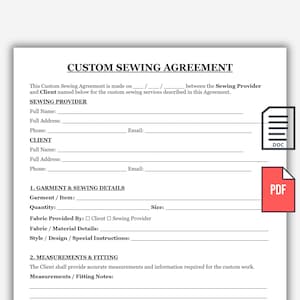 May include: A white document titled CUSTOM SEWING AGREEMENT with black text and lines for filling in information about the Sewing Provider, Client, garment details, and measurements. Two small icons for DOC and PDF files are on the right side.