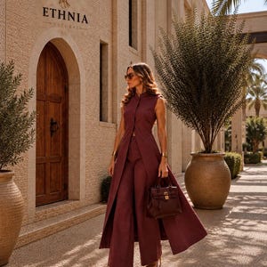 Può includere: Una tunica senza maniche color bordeaux scuro con colletto alto e chiusura frontale con bottoni, abbinata a pantaloni a gamba larga coordinati. L'outfit è completato da una borsa a mano strutturata in pelle bordeaux scuro con chiusura dorata.