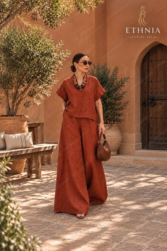 Rust Linen Palazzo Pants Set, Relaxed Fit Summer Outfit, Boho Resort Wear