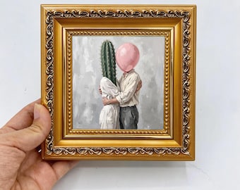 Surreal Cactus Head Couple Hugging ,Custom Oil Painting From Photo Gift For Friend Size 4x4 Dining Room Art