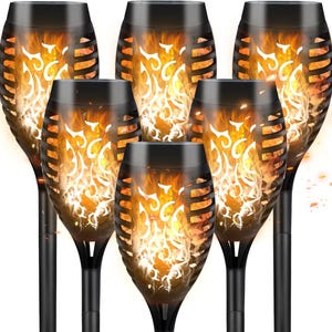 Solar Flickering Flame Lights Set of 6 | Waterproof Outdoor Garden Torch Lights | Patio Pathway Yard Decor