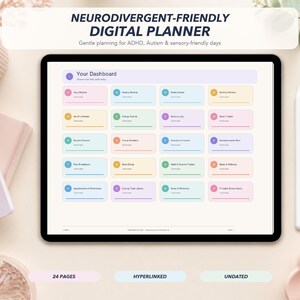 Peut inclure: Un planificateur numérique affiché sur l'écran d'une tablette intitulé Your Dashboard, présentant une grille de vingt-quatre boutons rectangulaires colorés pour la gestion des tâches. L'interface comprend des sections pour la planification quotidienne, hebdomadaire et mensuelle, le suivi de l'énergie et les journaux de bien-être.
