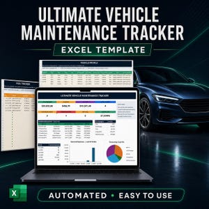 Peut inclure: Un écran d'ordinateur portable affichant un modèle Excel de suivi d'entretien de véhicule avec des tableaux de données, des graphiques et des mesures de carburant. L'interface inclut des alertes d'entretien et un graphique circulaire.
