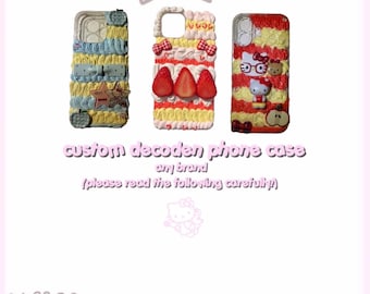 May include: Three custom decoden phone cases featuring textured whipped cream-style piping. The left case is blue and yellow with a star, the center case features red strawberry slices and bows, and the right case displays Hello Kitty and apple motifs.