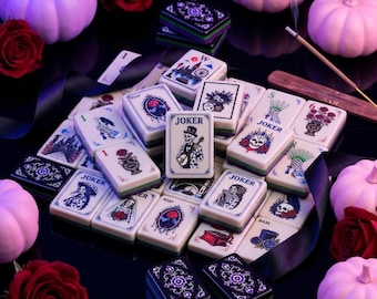 Gothic American Mahjong Set, Skeleton Floral Tiles, Halloween Game Night Gift