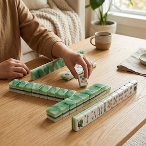 A person is playing mahjong, a traditional Chinese tile game, on a wooden table. The table is covered with green and white tiles, and the player is reaching for a tile. There are additional tiles and a cup visible on the table.