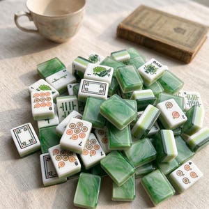 May include: A collection of rectangular Mahjong tiles featuring white faces with green, orange, and black engraved symbols, numbers, and characters, paired with translucent green marbled backs. The tiles are scattered in a pile.