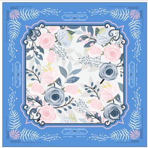 a square pattern with a floral design, including pink and blue flowers, leaves, and branches. The pattern is framed by a blue border with a decorative border.