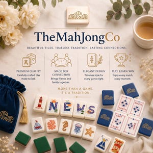 The image is a promotional advertisement for a mahjong game company, featuring various mahjong tiles, a teacup, and some decorative elements.