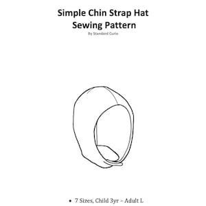 Könnte beinhalten: Eine Schwarz-Weiß-Strichzeichnung eines Schnittmusters für einen einfachen Kinnriemenhut. Das Muster enthält 7 Größen, illustrierte Anweisungen und ist auf US Letter- und A4-Papier druckbar. Es enthält auch imperiale und metrische Maße.