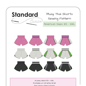 Może przedstawiać: Cyfrowy wzór szycia na szorty Muay Thai w sześciu rozmiarach, od XS do XXL. Wzór jest do wydrukowania na papierze A4 lub amerykańskim formacie Letter i zawiera samouczek wideo do szycia. Wzór zawiera dwie wysokości pasa, pas w paski i dwa style wycięcia bocznego.