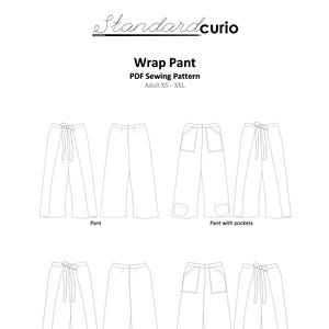 Puede incluir: Ilustración de un patrón de costura PDF para pantalones y shorts envolventes. La imagen muestra diferentes estilos, con y sin bolsillos. El texto indica "Wrap Pant" y "Adult XS - XXL".