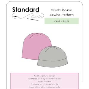 Può includere: Un modello di cucito per un semplice berretto. Il modello include istruzioni illustrate, un video tutorial ed è stampabile su carta A4. Include misure imperiali e metriche. Il design include un'illustrazione di berretto rosa e grigio. Il testo recita "Standard Curio".