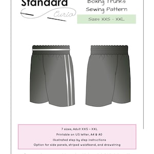 Może przedstawiać: Wzór do szycia spodenek bokserskich. Projekt przedstawia dwie szare spodenki bokserskie z białymi i szarymi paskami po bokach. Wzór zawiera rozmiary od XXS do XXL i jest drukowany na papierze A4 i AO. Tekst "Standard Curio" znajduje się na górze.