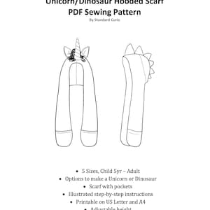 PDF Unicorn/ Dinosaur Hooded Scarf Sewing Pattern - Child - Adult