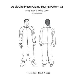 May include: Line drawing illustration of a one-piece pajama sewing pattern with drop seat and ankle cuffs. The pattern includes four sizes: Small, Medium, Large, and X-Large. The pattern is printable on A4 and US letter paper. The pattern includes instructions for adjustable height.