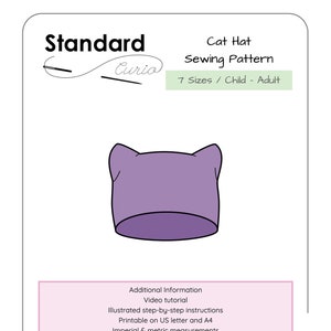 以下が含まれることがあります： 猫の帽子用の縫製パターンで、紫色の猫の帽子が描かれています。パターンには、子供と大人のための7つのサイズが含まれています。パターンは、USレターとA4の用紙に印刷でき、インチとメートル法の寸法が含まれています。パターンは、個人的な非商業的な使用のみに限定されます。