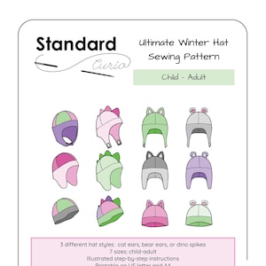 以下が含まれることがあります： 猫耳、熊耳、または恐竜のスパイクの3つの異なるスタイルの冬用帽子用のデジタル縫製パターン。パターンには、子供から大人までの7つのサイズが含まれており、イラスト付きのステップバイステップの説明が付属しています。パターンはUSレターとA4の用紙に印刷でき、インチとメートル法の測定値が含まれています。