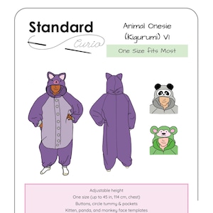 May include: A digital sewing pattern for an animal onesie, also known as a Kigurumi. The pattern includes instructions for a purple pig onesie, a purple onesie, a panda onesie, and a green monkey onesie. The pattern is adjustable in height and fits up to 45 inches in chest size. The pattern includes buttons, circle tummy pockets, and face templates for a kitten, panda, and monkey.