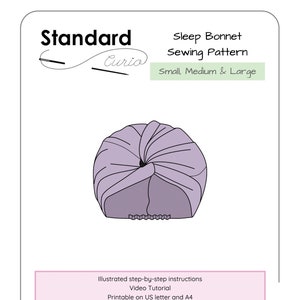 May include: A purple sleep bonnet sewing pattern with instructions for small, medium, and large sizes. The pattern includes a video tutorial and is printable on US letter and A4 paper. It also includes imperial and metric measurements.