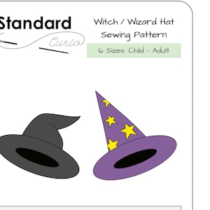 Puede incluir: Un patrón de costura imprimible para un sombrero de bruja o mago. El patrón incluye seis tallas para niños y adultos. La imagen muestra dos sombreros, uno negro y otro morado con estrellas amarillas.