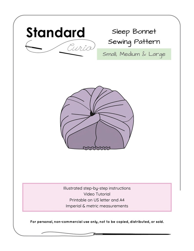 Peut inclure: Un patron de couture pour bonnet de nuit violet avec des instructions pour les tailles petite, moyenne et grande. Le patron comprend un tutoriel vid&eacute;o et est imprimable sur papier A4 et lettre US. Il comprend &eacute;galement des mesures imp&eacute;riales et m&eacute;triques.