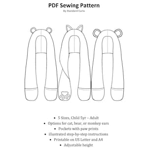 Może przedstawiać: Czarno-biały rysunek trzech wzorów szycia szalików z kapturem. Wzory są dla kota, niedźwiedzia i małpy. Tekst na stronie brzmi "Animal Hooded Scarf PDF Sewing Pattern by Standard Curio". Tekst pod wzorami wymienia cechy, w tym pięć rozmiarów, opcje uszu kota, niedźwiedzia lub małpy, kieszenie z odciskami łap, ilustrowane instrukcje krok po kroku, do wydrukowania na US Letter i A4 oraz regulowaną wysokość.