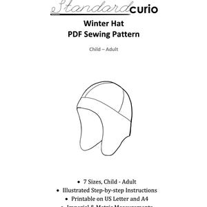 May include: A black and white line drawing of a winter hat sewing pattern. The pattern includes 7 sizes for children and adults. The pattern is printable on US Letter and A4 paper and includes imperial and metric measurements.