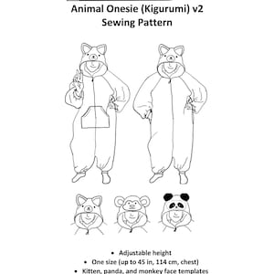 PDF Animal Onesie (Kigurumi) Sewing Pattern - Teen/Adult - v2 Zipper with pockets