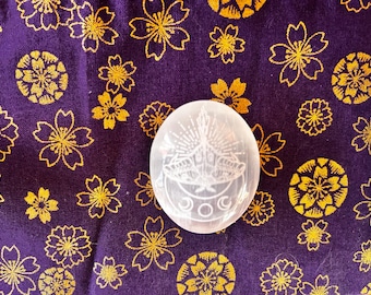Mystic Luna Moth Etched Selenite Palmstone 1 3/4" x 1 1/2"