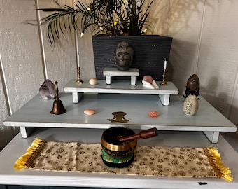 Handmade 3-Tier Altar Table: Reclaimed Wood, Spiritual Meditation Practice-Yoga Woman Afro