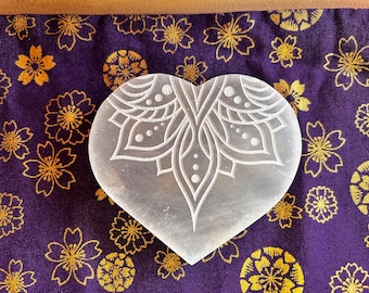 Lotus Etched on Heart Shaped Selenite Crystal Charging Plate Crystal Cleansing Plate 3"