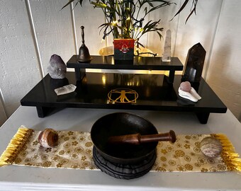 Handmade Two-Tier Meditation Altar Table with Reclaimed Wood - Vitruvian Man