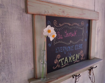 Handmade Chalkboard With Shelf and Hooks – Rustic Country Chic Decor