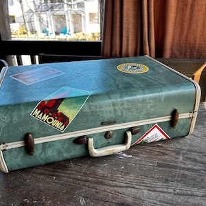 Vintage Samsonite Mid Century Marble Green Shwayder Bros Suitcase with Decals