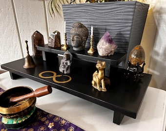 Handmade Ouroboros Altar Table, 2-Tier Reclaimed Wood Shrine