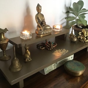 Handmade Altar Table Spiritual Practice Altar Table for Meditation Altar Table Hand Made with Reclaimed Materials Gold Lotus 2 Tier