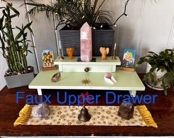 Handmade Reclaimed Wood Altar Table with Sun Symbol and Upper Faux Drawer