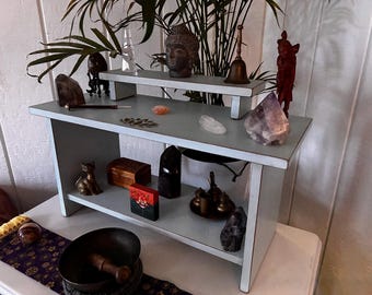 Handmade Reclaimed Wood Altar Table, 3 Tier Spiritual Meditation Shrine