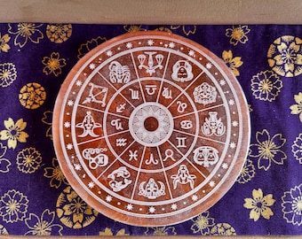 Round Zodiac Etched on Peach Selenite Crystal Charging Plate Crystal Cleansing Plate 4" diameter